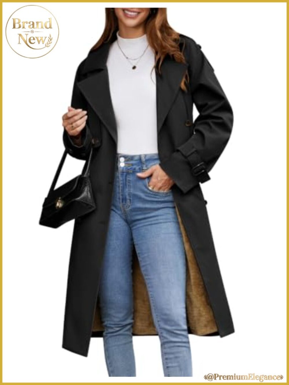 Women's Fleece-Lined Long Trench Coat Double Breasted Belted Overcoat